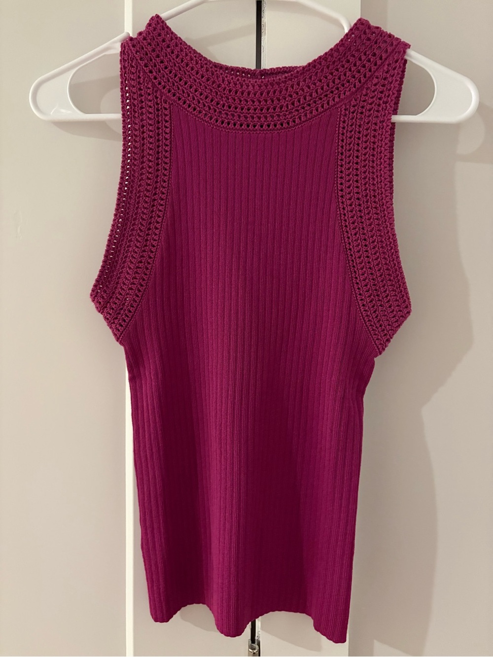 Ann Taylor Crochet-Trim Ribbed Tank in Deep Berry